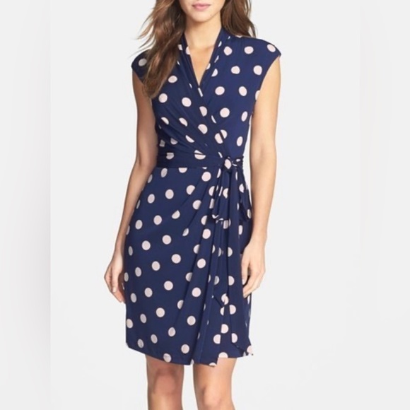 Eliza J Dresses & Skirts - Eliza J Polka Dot Jersey Faux Wrap Dress, navy white, size 6